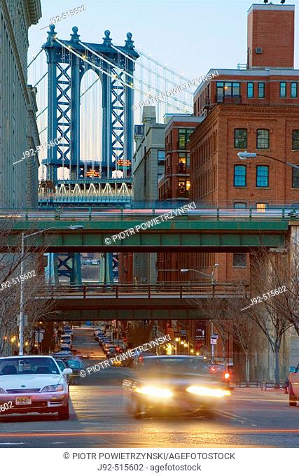 Manhattan Bridge. View from Cadman Plaza, Brooklyn. In forgraound BQE overpass. New York. USA