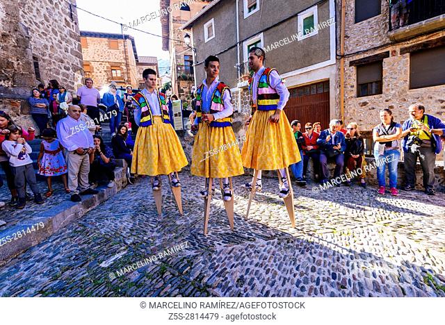 Dancers in the previous minutes. Famous folkloric traditional celebration called the Danza de los Zancos, Stilt Dance. Anguiano, La Rioja, Spain, Europe