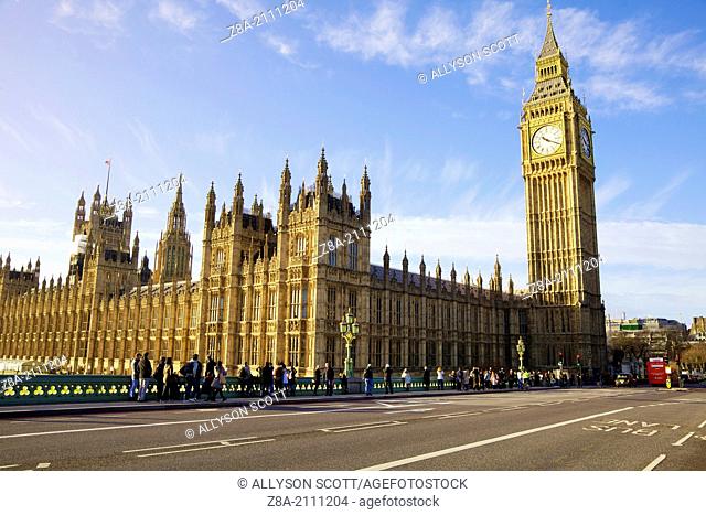 Big Ben and Houses of Parliament on Westminster Bridge, London, England