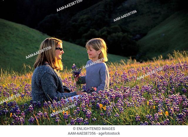 Mother and daughter in field of colorful wildflowers on hillside in spring, Bolinas Ridge, Marin County, California