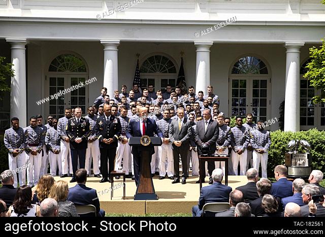 U.S. President Donald Trump delivers remarks prior to presenting the Commander-in-Chief’s trophy to the team in the White House Rose Garden in Washington, D