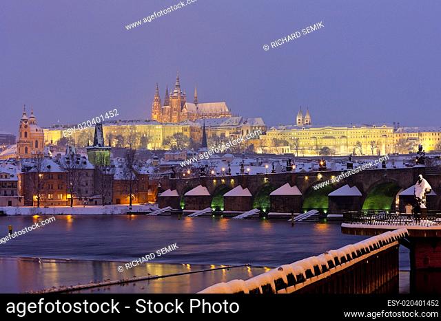 Hradcany with Charles bridge in winter, Prague, Czech Republic