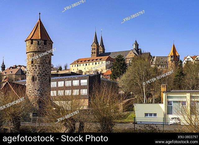Cityscape with city wall watch towers and Saint Peter's Church in Fritzlar, Schwalm-Eder district, Hesse, Germany