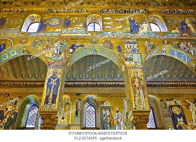 Medieval Byzantine style mosaics of the side aisle arches, Palatine Chapel, Cappella Palatina, Palermo, Italy
