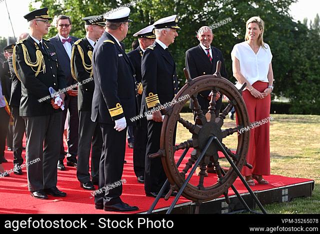 Navy admiral Jan De Beurme, King Philippe - Filip of Belgium and Interior Minister Annelies Verlinden pictured during the celebration of the 75th anniversary of...
