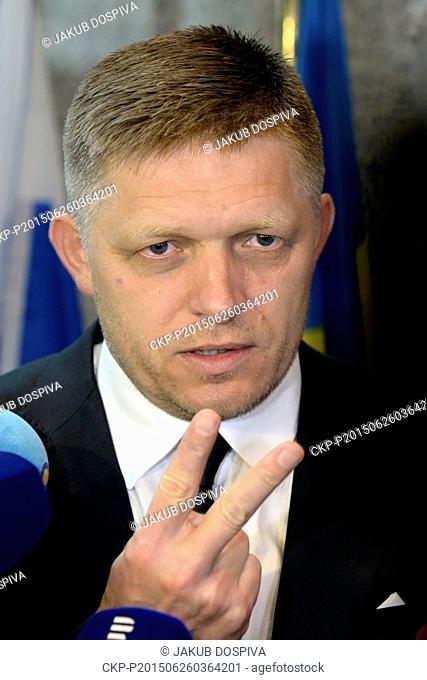 Slovak Prime Minister Robert Fico speaks to journalists during the press conference after the EU summit focused on migration in Brussels, Belgium, June 26, 2015