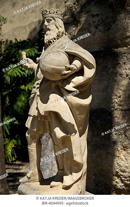 Statue, Alfonso Xel Sabio, Primer Rey Castellano de Jerez, 1264, Alcazar de Jerez, Jerez de la Frontera, Andalusia, Spain