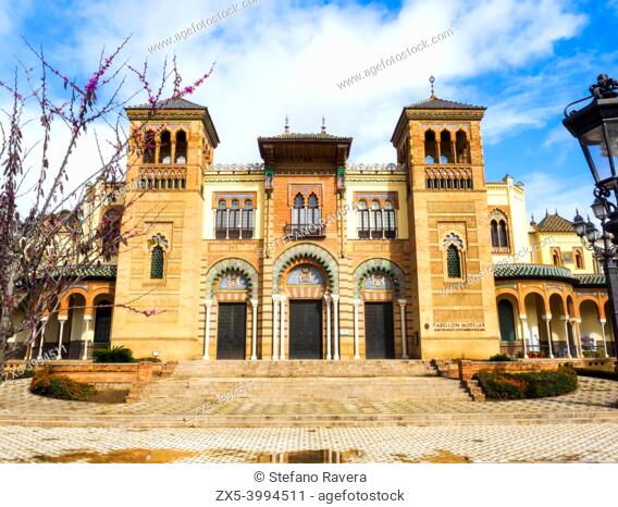 The Mudejar Pavilion designed by Anibal Gonzalez and built in 1914 houses the Museum of Arts and Popular Customs of Seville (Museo del Artes y Costumbres...