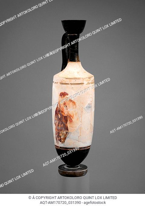 Terracotta lekythos (oil flask), Classical, ca. 420 B.C., Greek, Attic, Terracotta; white-ground, H. 12 3/4 in. (32.4 cm), Vases, Youth and woman at a tomb