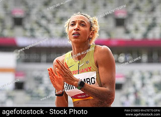 03 August 2021, Japan, Tokio: Athletics: Olympics, long jump, women, final at the Olympic Stadium. Malaika Mihambo of Germany reacts