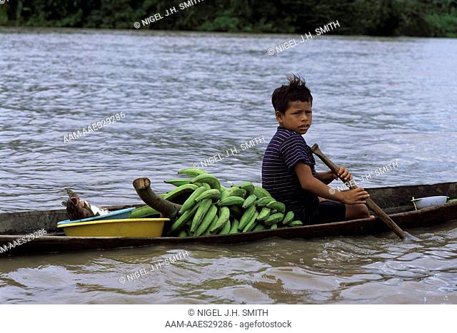 Plantains in Canoe with Boy on Way to Market, Near Requena, Rio Ucayali, Peru