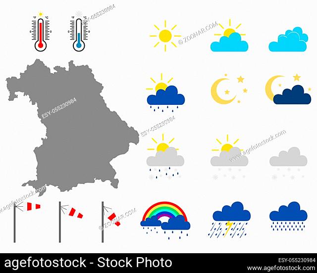 Karte von Bayern mit Wettersymbolen - Map of Bavaria with weather symbols