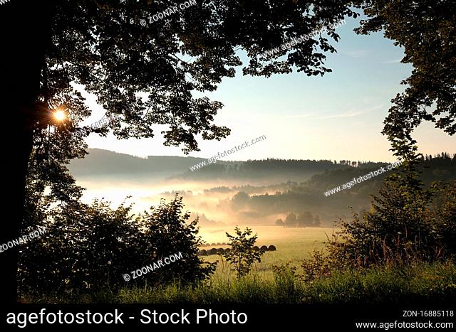 Rural landscape on a misty summer morning, August, Czech Republic