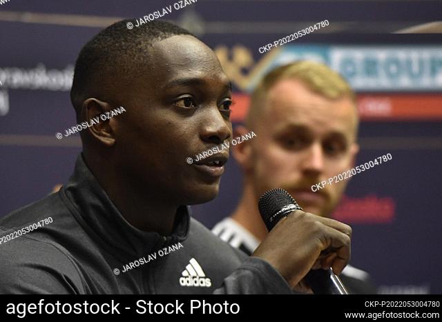 Grenadian javelin thrower Anderson Peters, left, and Czech javelin thrower Jakub Vadlejch attend a press conference before a Golden Spike athletics IAAF World...