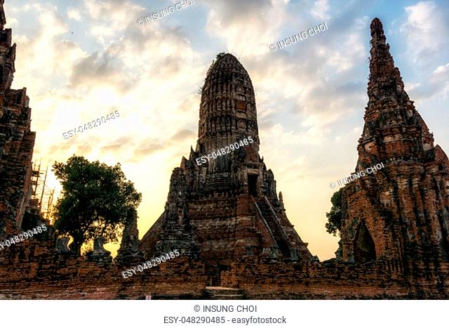 Wat Chaiwatthanaram main central Prang taken upclose during sunset hours. Ayutthaya, Thailand