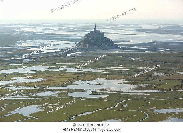 France, Manche, Mont Saint Michel bay, listed as World Heritage by UNESCO, Mont Saint Michel at high tide (aerial view)