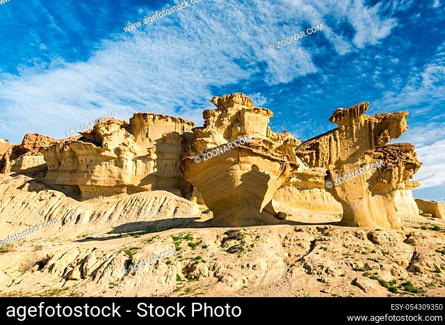 Erosion rock natural formations in Bolnuevo, Spain. Desert landscape at sunny day