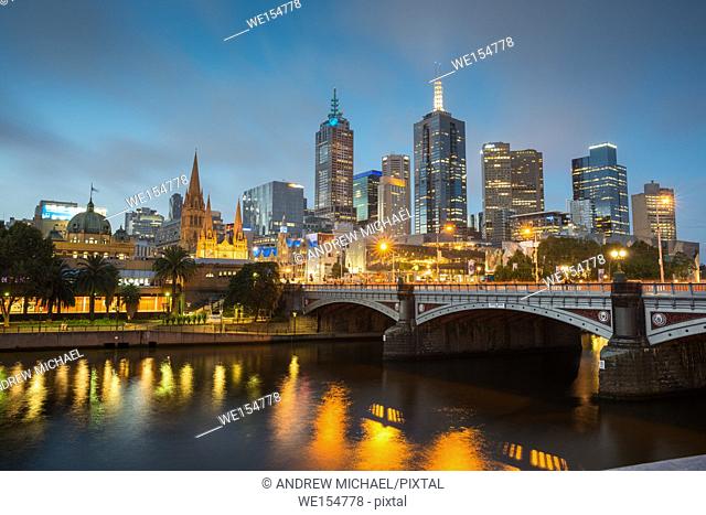 Melbourne city skyline over Yarra river after dark. Victoria. Australia