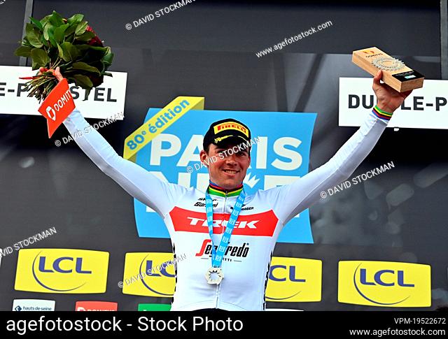 Danish Mads Pedersen of Trek-Segafredo celebrates on the podium after winning the third stage of 80th edition of the Paris-Nice eight day cycling stage race