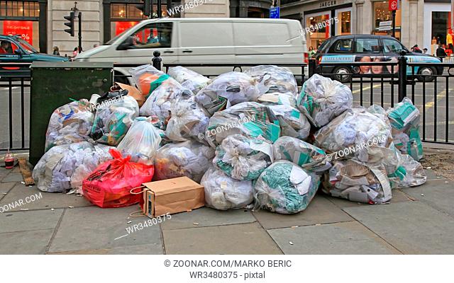 London, United Kingdom - June 22, 2012: Big Pile of Clear Trash Bags at Regent Street in London, UK
