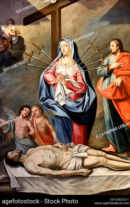 Baroque painting of the altarpiece: Our Lady of the Seven Sorrows. Jesus Christ in the tomb, the Virgin Mary and St. John