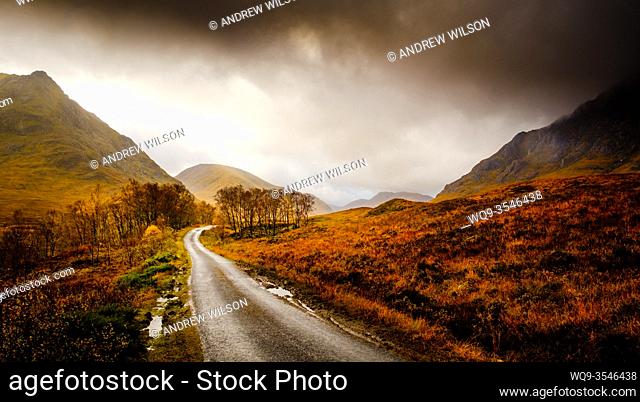 The single track road down Glen Etive leading to Loch Etive, Highlands of Scotland