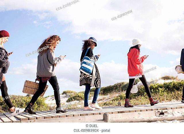 Row of young adult friends strolling along beach boardwalk reading smartphones, Western Cape, South Africa