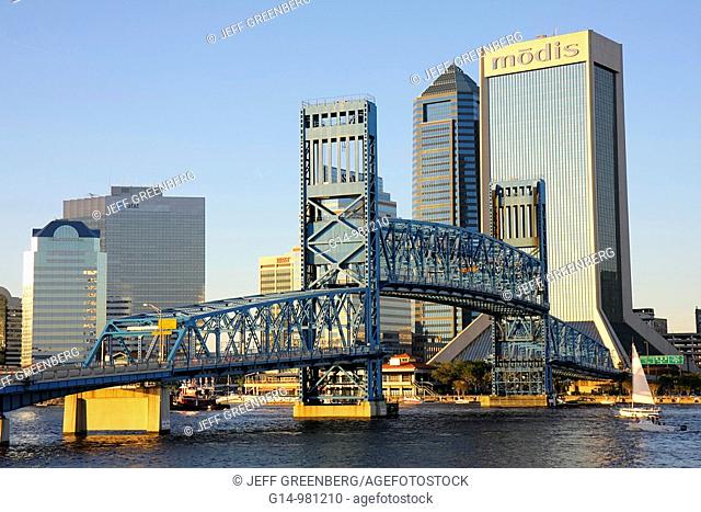 Florida, Jacksonville, Saint St  Johns River, John Alsop Bridge, Main Street Bridge, raised, vertical lift, up, landmark, sailboat, navigation, downtown