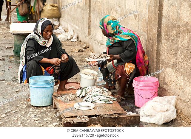 Female vendors selling fish at the daily market by the seaside, Stone Town, Unguja Island, Zanzibar Archipelago, Tanzania, East Africa