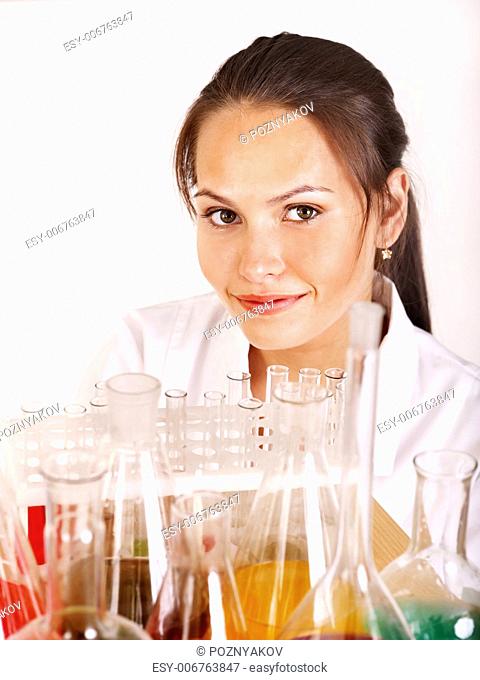 Chemistry girl student with flask in classroom