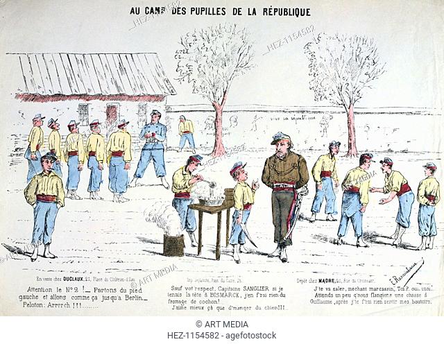 'Aux Camp des Pupilles de la Republique', 1871. Cartoon published at the time of the Franco-Prussian War of 1870-1871. From a Private collection