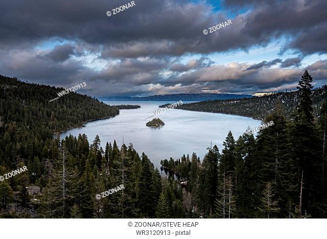 Emerald Bay on Lake Tahoe with snow on mountains
