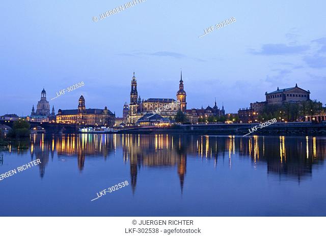 City view with Elbe River, Augustus Bridge, Frauenkirche, Church of our Lady, Staendehaus, town hall tower, Hofkirche and Hausmannsturm, tower of Dresden Castle
