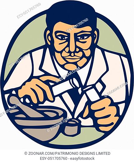 Illustration of a scientist holding test tube facing front set inside circle done in retro woodcut linocut style