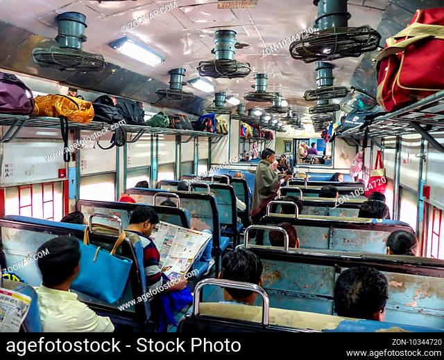 Interior of second class train car in Rajasthan, India. Indian Railways is one of the world's largest railway networks