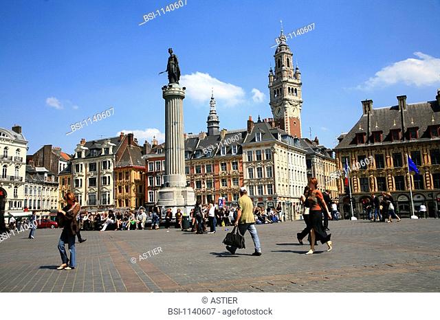 LILLE, FRANCE The Grand Place place Général de Gaulle with, the Old Bourse in second ground on the right, and the belfry classified monument in background