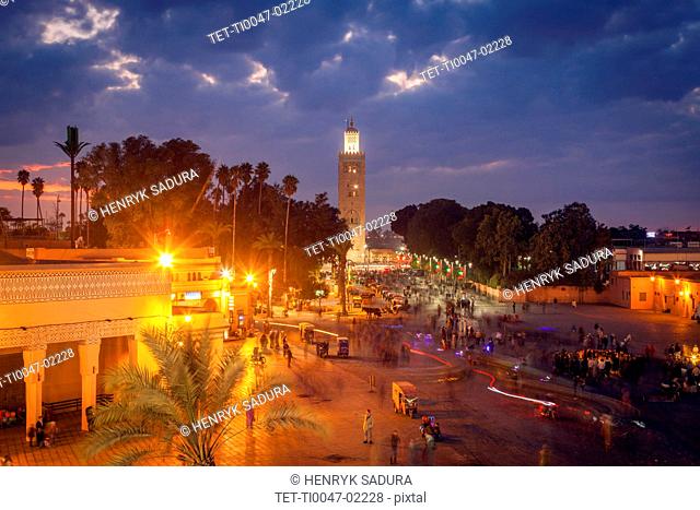 Koutoubia Mosque on Djemma el Fna square at sunset in Marrakesh, Morocco