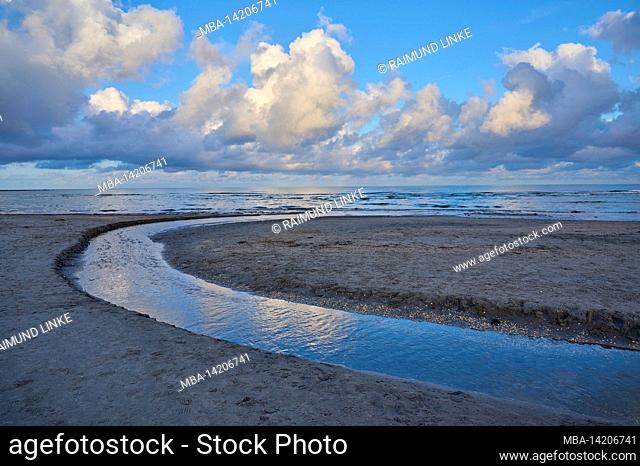 Sandy beach, stream, clouds, sea, morning, summer, Vejbystrand, Skane, Kattegat, southern Sweden, Sweden