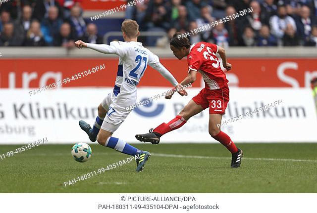 11 March 2018, Germany, Duisburg: 2nd Bundesliga football, MSV Duisburg vs Fortuna Duesseldorf at the Schauinsland-Reisen-Arena