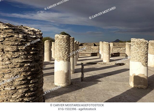 Columns in the Palacio Quemado or Burnt Palace in the ancient Toltec capital of Tula or Tollan in central Mexico