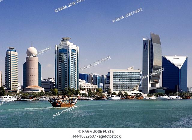 United Arab Emirates, Asia, Middle East, Arabia, East, UAE, Dubai town, city, Dubai Creek, coast, shore, sea, skyline