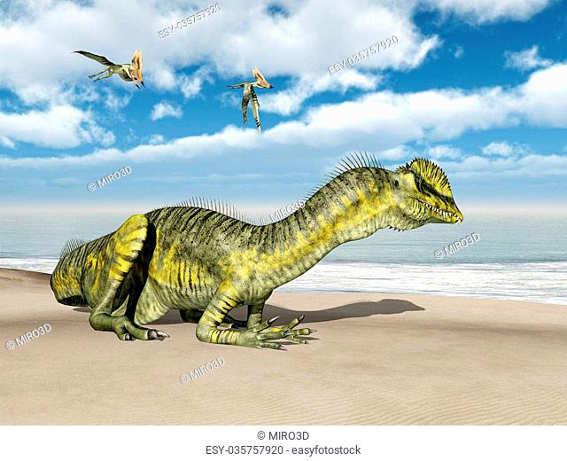 Computer generated 3D illustration with the dinosaur Dilophosaurus and the pterosaur Thalassodromeus
