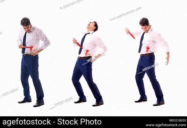 Wounded businessman with blood stains isolated on white background