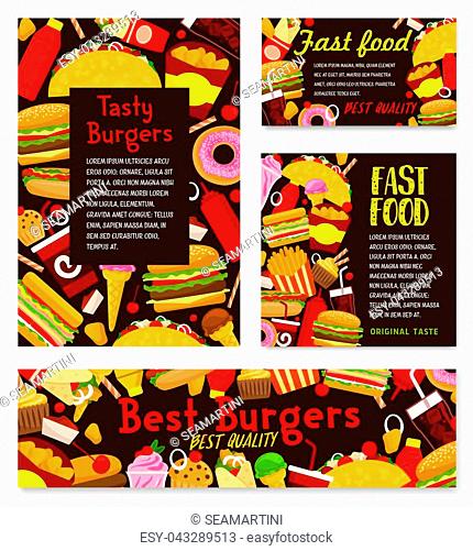 Fast food restaurant posters of burgers and fastfood sandwiches or snacks and street food meals. Vector pizza and Mexican burrito