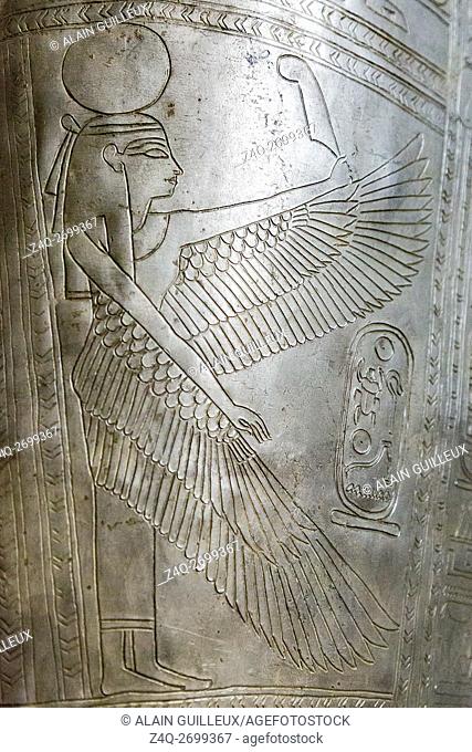 Egypt, Cairo, Egyptian Museum, royal necropolis of Tanis, burial of the king Sheshonq 2, detail of the silver coffin with hawk head : The winged goddess Maat...