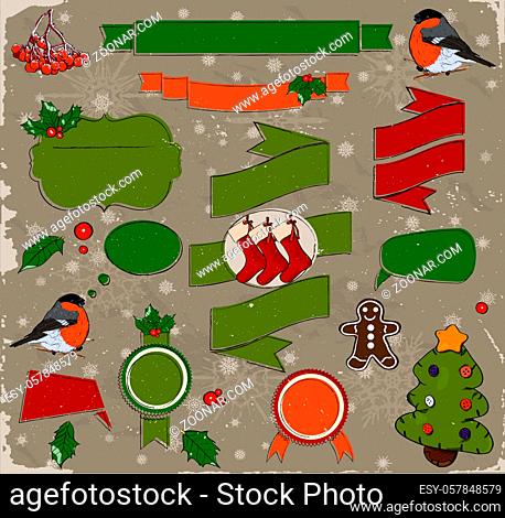 Set of Christmas design elements in red and green. Vector illustration EPS8
