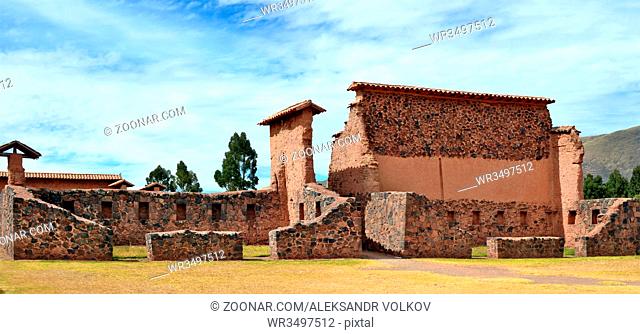 CUSCO, PERU - JUNE 06, 2016: Historical ruins of a fort and church of Spanish conquerors in Sacred Valley of Incas. Spanish Empire conquered the region in the...