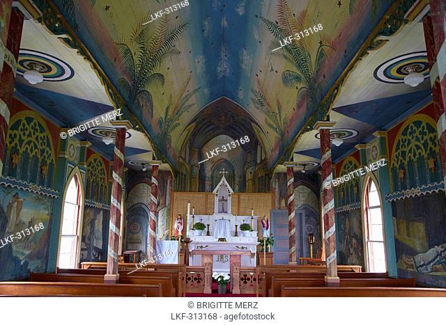 Interior view of St. Benedict's Painted Church, Honaunau, Big Island, Hawaii, USA, America