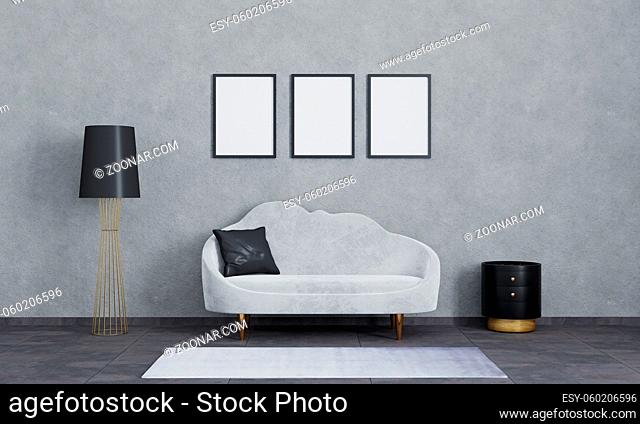Blank poster frame for mockup.Modern interior of living room for mockup, luxury, loft. Grey sofa, black and gold lamp and bedside table, white carpet