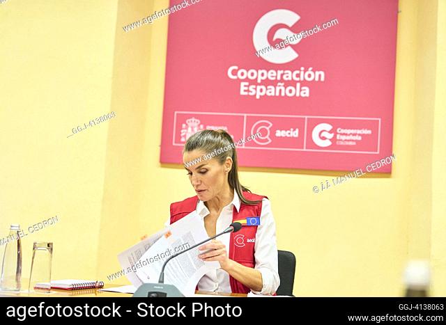 Queen Letizia of Spain attends a meeting at Spanish Cooperation Training Centre June 13, 2023 in Cartagena, Colombia.This is Queen Letizia's eighth cooperation...